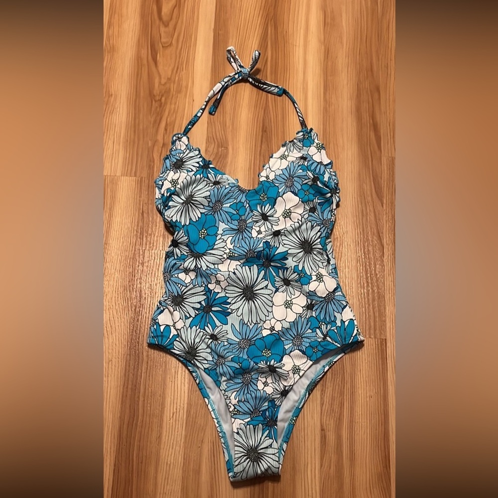 Xhilaration Floral One Piece Open Low Back Bathing Suit Swimsuit Size Sm Ribbed